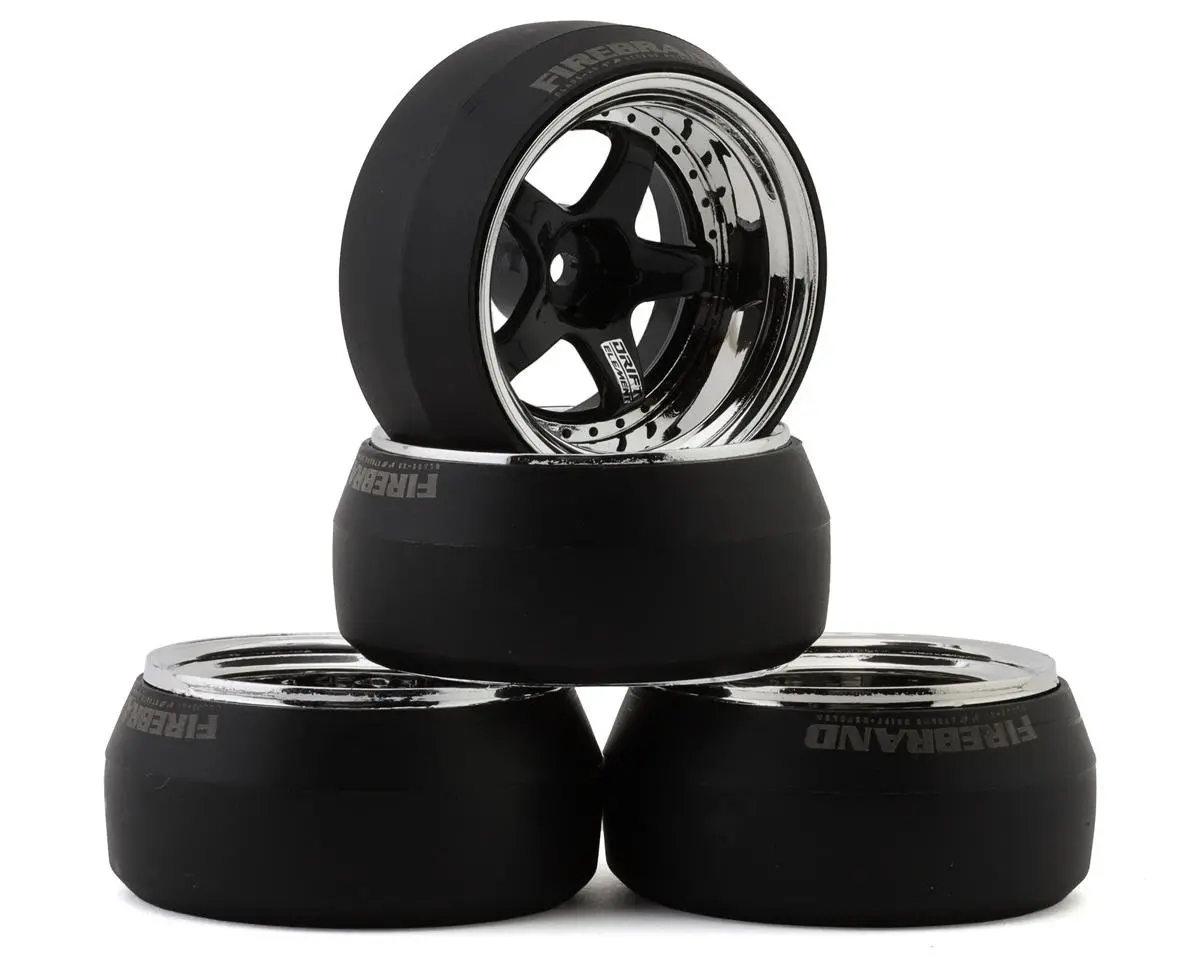 Firebrand Rc Element-Dsr 1/10 Drift Wheel Kit W/Hdpe Tires (Black/Chrome) (4) (0 Degree) W/12Mm Hex 1