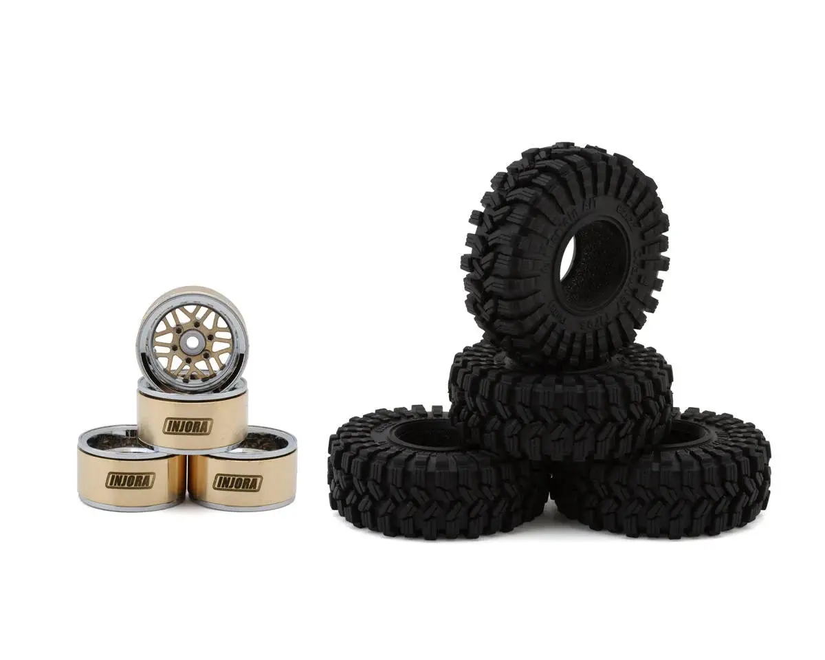 Injora 1.0" Deep Dish Aluminum Micro Crawler Beadlock Wheels W/Swamp Claw Tires (S5) (Gold/Chrome) (4) (37G Ea) (62Mm Od) 1