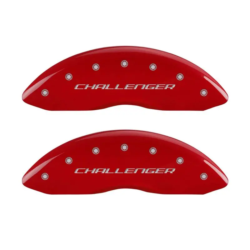 Mgp Engraved 4-Piston Caliper Covers – Front: Block Style, Rear: Vintage Challenger Rt Design With Red/Sliver Finish 1