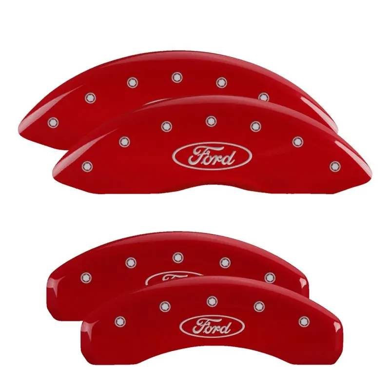 Mgp Engraved 4-Piston Caliper Covers — Front & Rear, Oval Ford Logo, Red Finish With Silver Chrome Accents 1